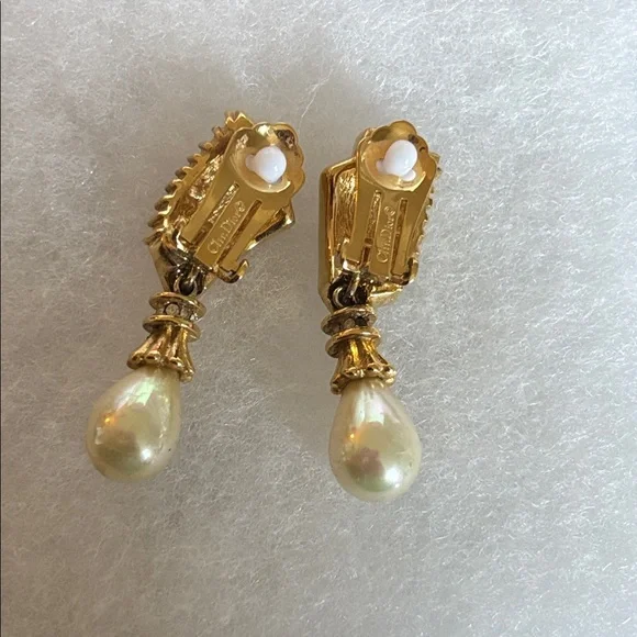 Vintage Christian Dior Gold Tone Crystal, Rhinestone, faux Pearl Clip Earrings